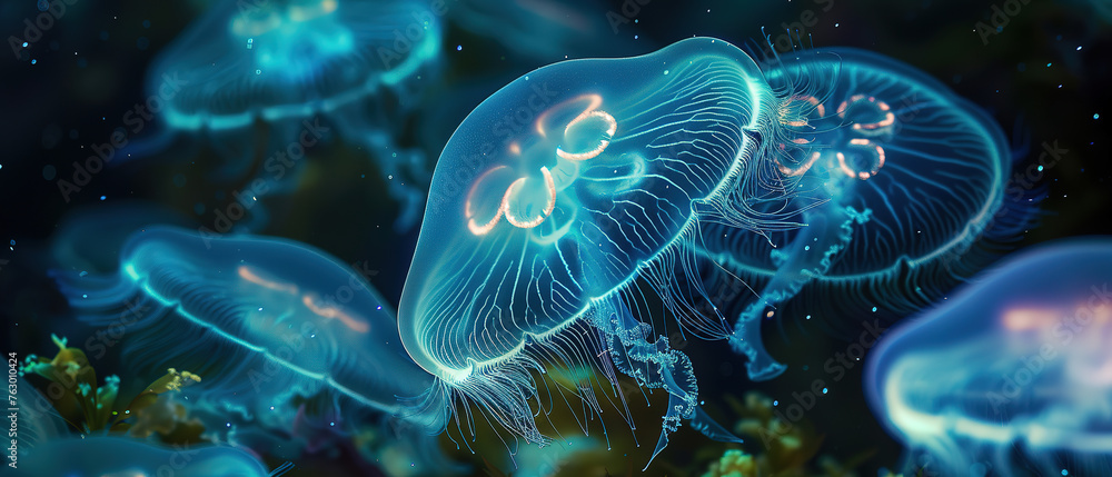 dark underwater scene illuminated by the gentle glow of bioluminescent jellyfish. The jellyfish are drifting gracefully dark underwater scene illuminated by the gentle glow of bioluminescent jellyfish. The jellyfish are drifting gracefully