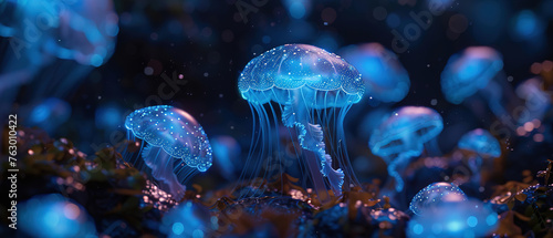 dark underwater scene illuminated by the gentle glow of bioluminescent jellyfish. The jellyfish are drifting gracefully © Uwe