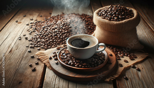 steaming coffee cup surrounded by roasted coffee beans