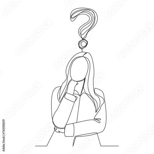 Continuous single line sketch drawing of thinking woman with questions mark. One line art of business woman thinking idea. Vector illustration
