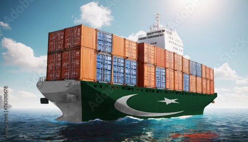 Ship with Pakistan flag. Sending goods from Pakistan across ocean. Pakistan marine logistics companies. Transportation by ships from Pakistan.