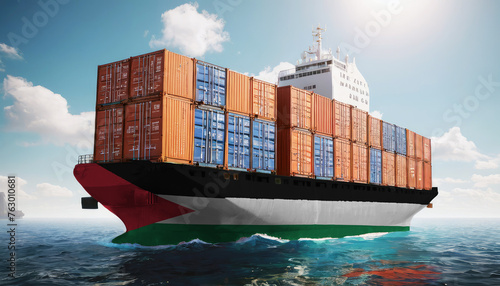 Ship with Palestine flag. Sending goods from Palestine across ocean. Palestine marine logistics companies. Transportation by ships from Palestine.