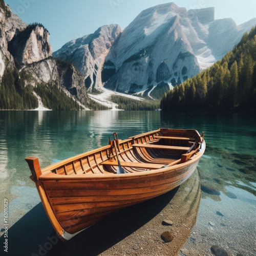 Old wooden boat sits on tranquil water of mountain lake 