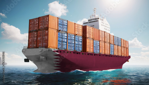 Ship with Qatar flag. Sending goods from Qatar across ocean. Qatar marine logistics companies. Transportation by ships from Qatar.