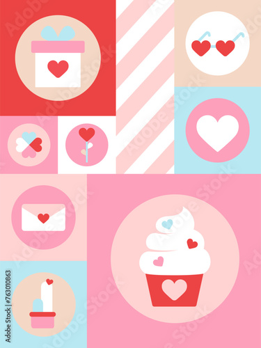 Mosaic postcard. Trendy geometric background. Seamless pattern for Valentine's Day. Abstract pattern with pink hearts, flowers, gifts and red lips, eyes and kisses