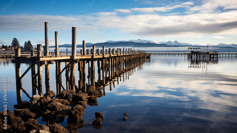 An old wooden dock reflecting on the Monterey Bay