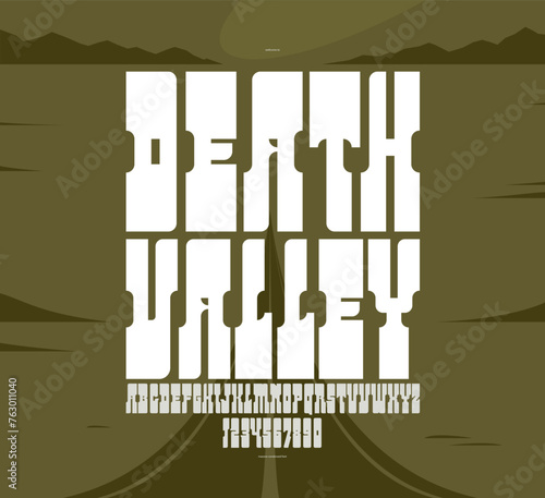 Massive condensed serif font in American style, tall wild west saloon and western vector typography for logo creation, bold typeface in vintage America style, display font for posters.