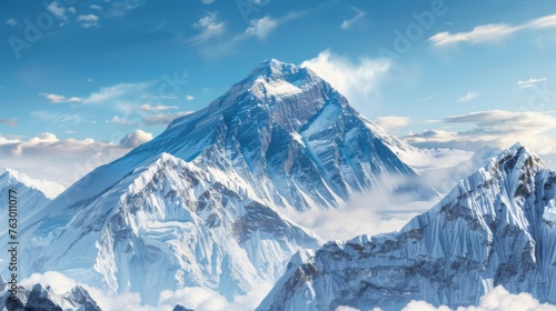 Mount Everest, the summit towering amidst snow, stands as the loftiest peak on Earth. © Vladimir