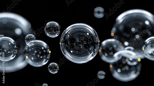 Close-up of white transparent drops liquid bubbles molecules on dark background