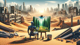a robot artist in the middle of a desert, painting an oasis on a canvas