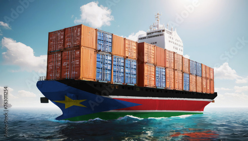 Ship with South Sudan flag. Sending goods from South Sudan across ocean. South Sudan marine logistics companies. Transportation by ships from South Sudan.
