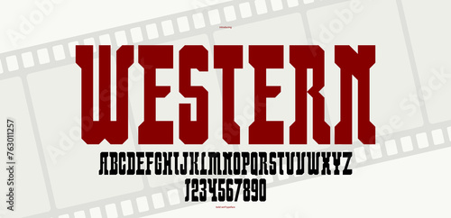 Bold massive vector geometric font for logo creation, wild west American style typeface for posters and headlines, western typography like saloon or western typing.