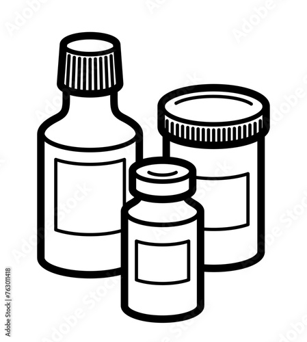 Medicine pharmacy theme medical bottles 3d vector illustration isolated, medicaments and drugs, health care meds cartoon, vitamins or antibiotics, simple linear design.