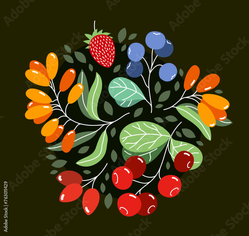Wild berries fresh and ripe tasty healthy food vector flat style illustration over dark background, delicious vegetation diet eating, organic food.
