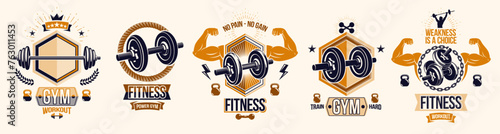 Fitness sport emblems logos or posters with barbells dumbbells kettlebells and muscle man silhouettes vector set, athletic workout active lifestyle theme, sport club or competition awards.