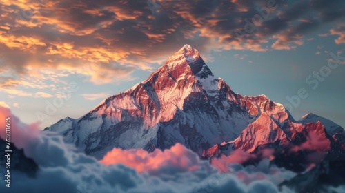 At sunset, Mount Everest looms majestically, its summit cloaked in snow, marking the pinnacle of the world's highest peaks. photo