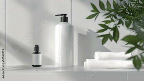 Minimalist bathroom essentials arranged neatly on a shelf. white bottles  fresh towels  and a plant in sunlight. perfect for a modern  clean design. AI