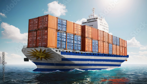 Ship with Uruguay flag. Sending goods from Uruguay across ocean. Uruguay marine logistics companies. Transportation by ships from Uruguay.