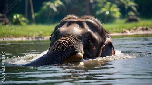 A male Asian elephant is enjoying bathing