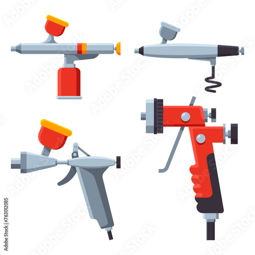 Airbrush spray guns vector cartoon set isolated on a white background.