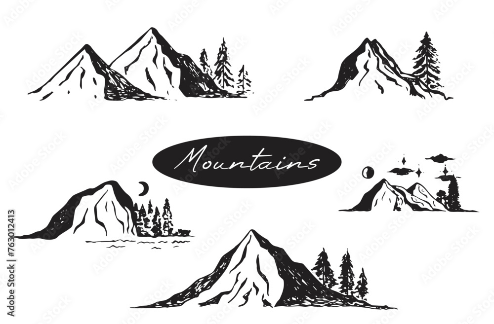 Set of beautiful drawn mountains with forest in vector.