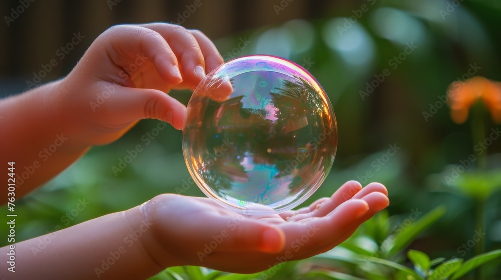 A child's hand reaching out to a floating soap bubble  its iridescent surface reflecting playful rainbow hues.