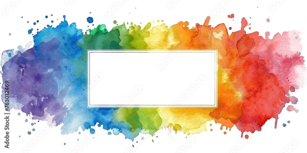 abstract rainbow colored watercolor rectengular frame isolated on white or transparent png