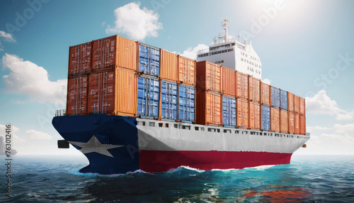 Ship with Texas flag. Sending goods from Texas across ocean. Texas marine logistics companies. Transportation by ships from Texas.