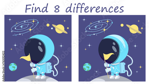 Logic puzzle game. Find 8 differences. Cute astronaut planting a flag on the Moon. Vector illustration for children's development.