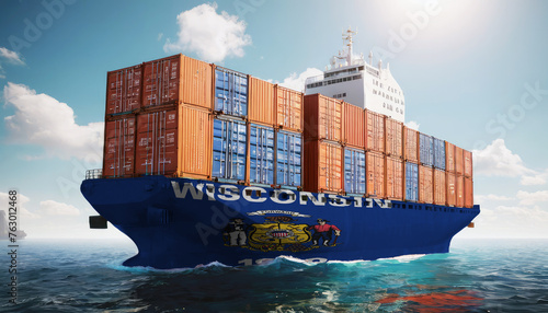 Ship with Wisconsin flag. Sending goods from Wisconsin across ocean. Wisconsin marine logistics companies. Transportation by ships from Wisconsin.