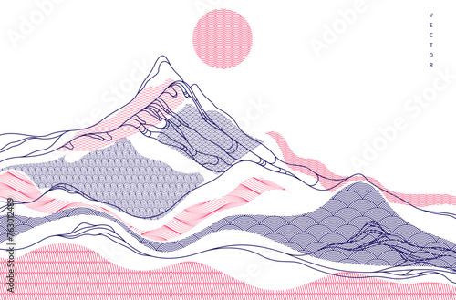 Abstract oriental Japanese art vector background, traditional style design, wavy shapes and mountains terrain landscape, runny like sea lines.