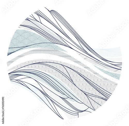Nature art oriental Japanese style vector abstract background in a shape of circle, runny like water shapes and lines with textures.