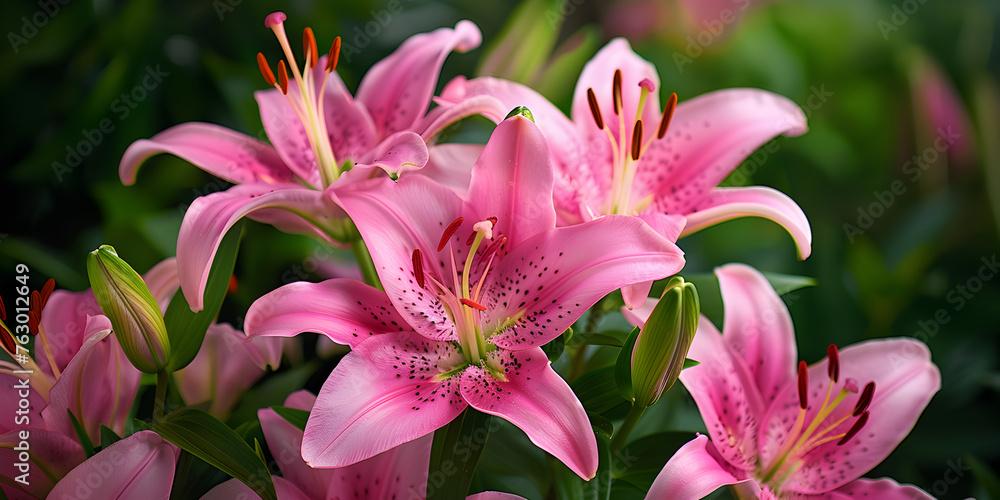 A close up of a cluster of pink flowers in a garden, showcasing the ...