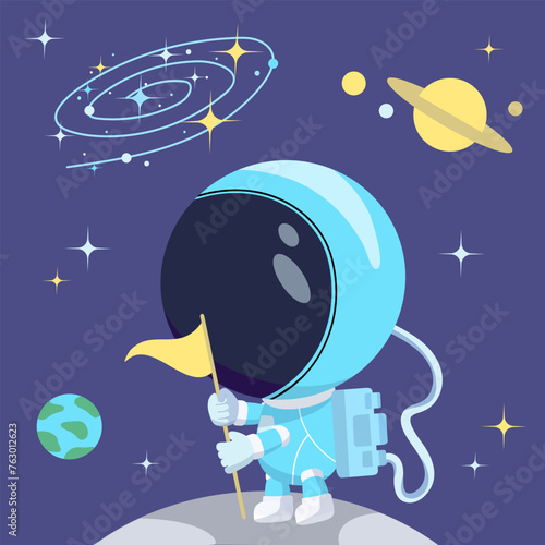 Cartoon astronaut planting a flag on the Moon on a blue background with planets, stars and galaxy. Childrish vector illustration.