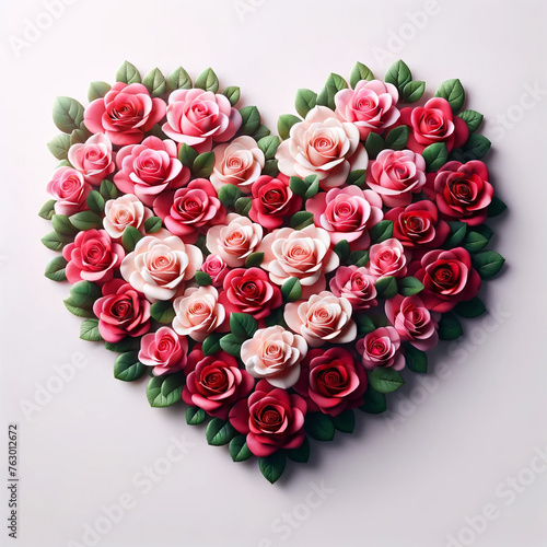 Heart-shaped arrangement of roses in various shades of pink and red