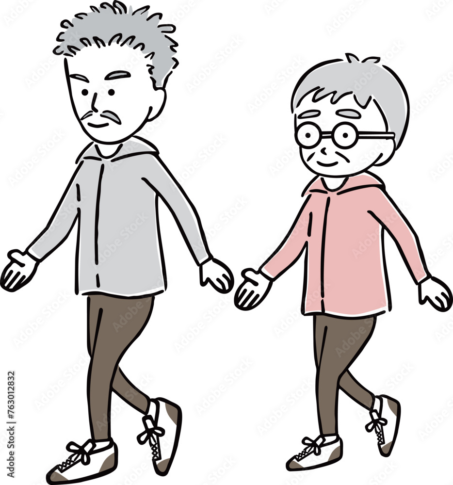 腕を振ってウォーキングをするシニアの男性と女性 腕を振ってウォーキングをするシニアの男性と女性
