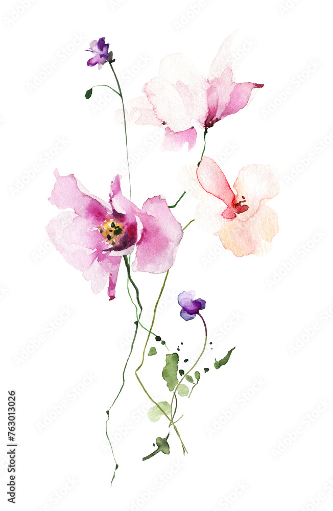 Watercolor floral bouquet on white background. Violet daisy, pink poppy, orange flowers, wild herbs, twigs with leaves.