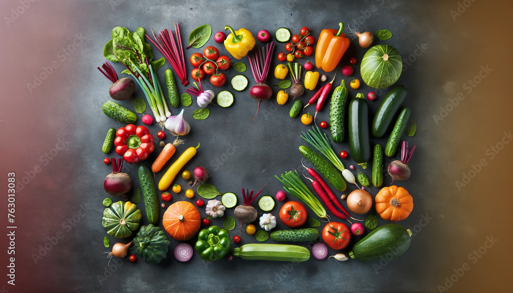 array of fresh vegetables artfully arranged in a heart shape on a dark grey textured background