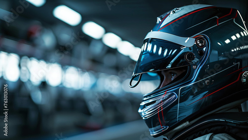 Speed Demon: Close-Up Shot of Race Car Driver in Helmet Against Dark Background