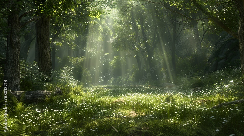 A tranquil forest clearing with shafts of sunlight filtering through the canopy