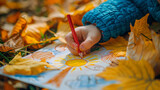 Childs Hand Drawing Colorful Environment on Paper Outdoors During Fall Season