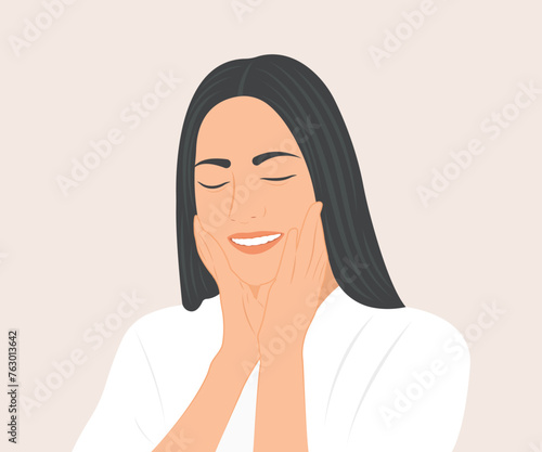 Beautiful young woman smiles happily with healthy, radiant, attractive skin. Vector illustration, beauty or health care concept.
