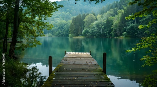 Serene lake view with wooden pier, lush forest background, natural landscape for relaxation and wall art. AI