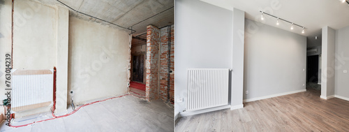 Fotografie Empty living room with installed heating system before and after restoration