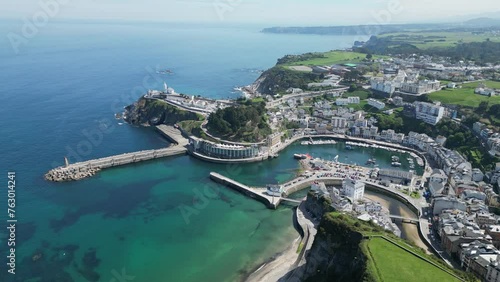 Luarca Coastal Village and Port in Asturias, Spain - Aerial 4k Circling photo