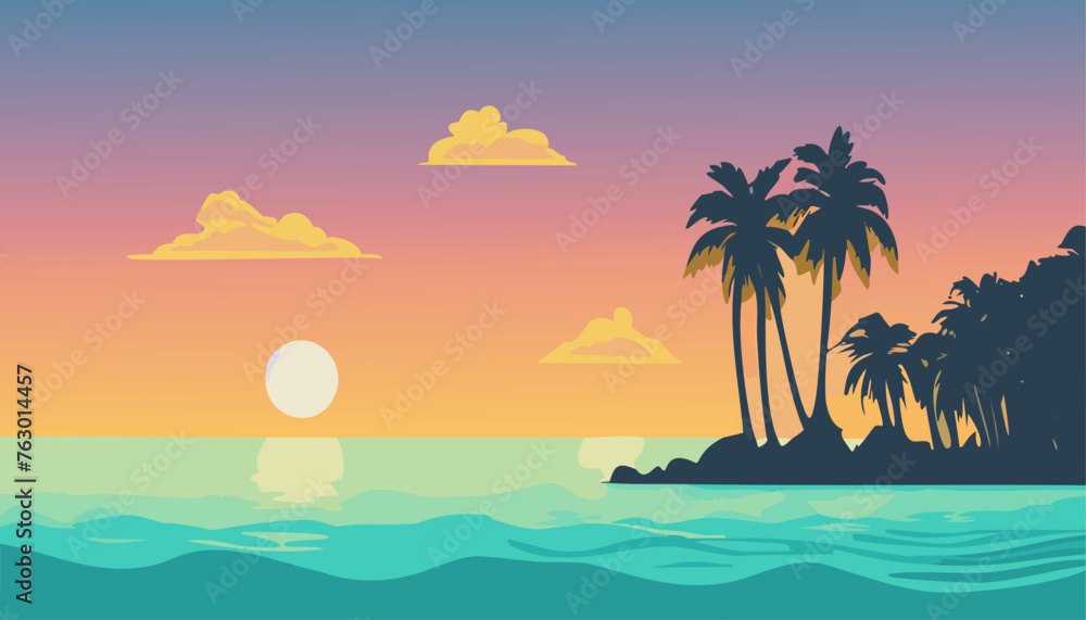 Tropical sunset with ocean and palm trees
