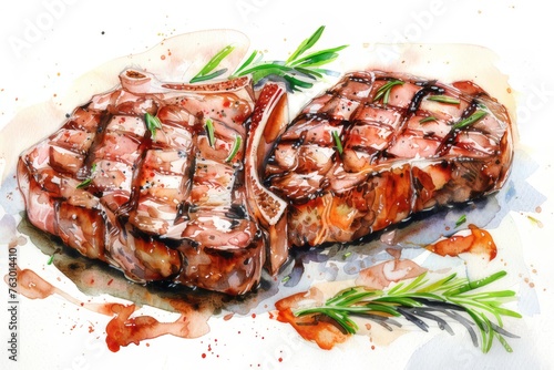A delicious watercolor image of a perfectly grilled steak. Revealing the juicy texture