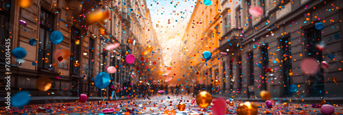 Colourful confetti on the street , 3d Multicolored festive confetti falling on the street. Blurred background wallpaper