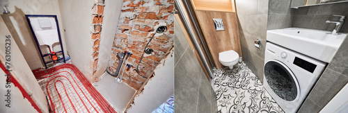 Comparison of washroom lavatory with wall-hung flush toilet before and after renovation. Restroom with underfloor heating pipes and new renovated toilet room with washing machine and washbasin.