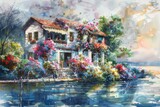 A tranquil watercolor image of a house sitting on the water's edge. Decorated with colorful flowers
